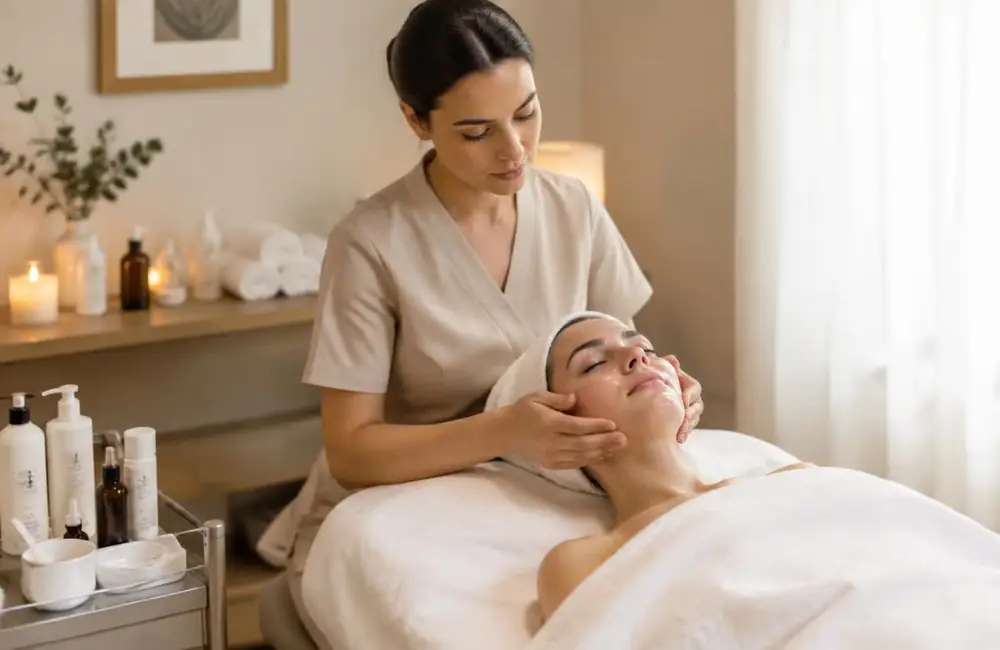 Nail technician doing a manicure for a smiling client